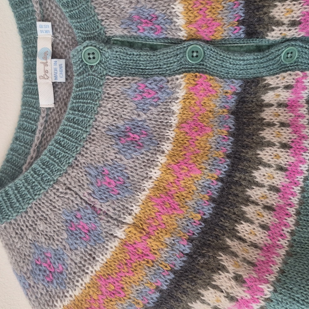 Boden Teal Green Fair Isle Cardigan with Pink and Yellow Accents - Picture 2 of 5